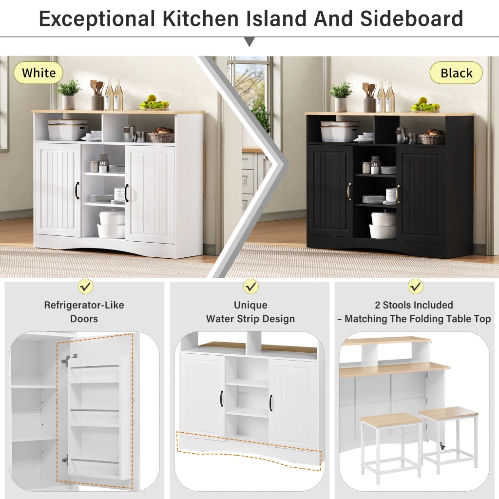 Isola da cucina con piano ribaltabile; ripiani regolabili; vani a giorno e 2 sgabelli; in MDF; 110 x 34-68 x 97;5 cm; bianco