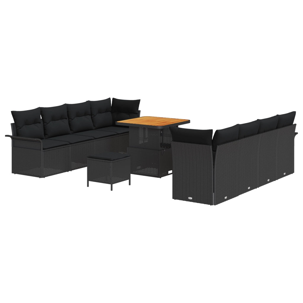 Set Divano da Giardino da 11 Pezzi con Cuscini Nero Polyrattan Acacia
