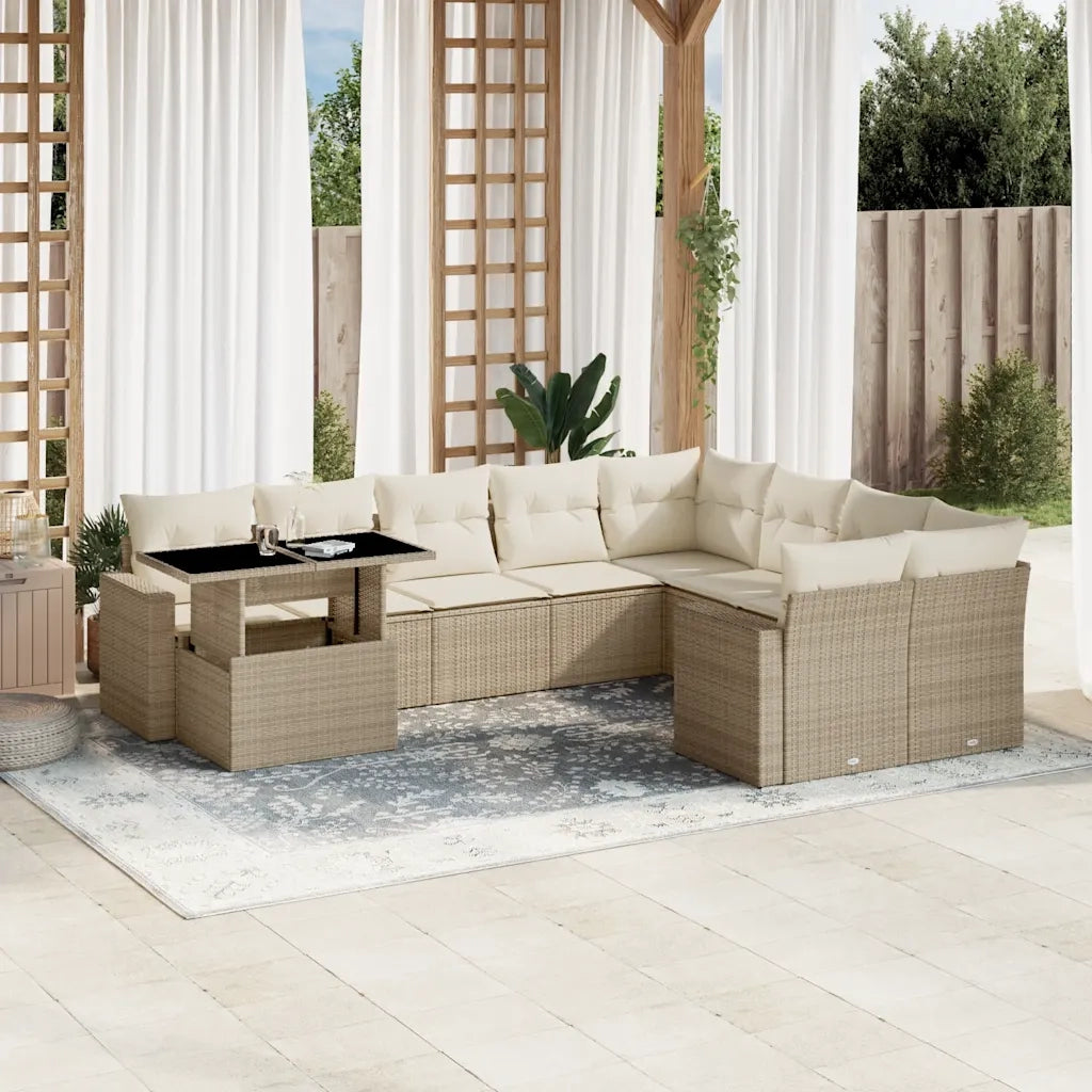 Set Divano da Giardino 10 pz con Cuscini Beige in Polyrattan