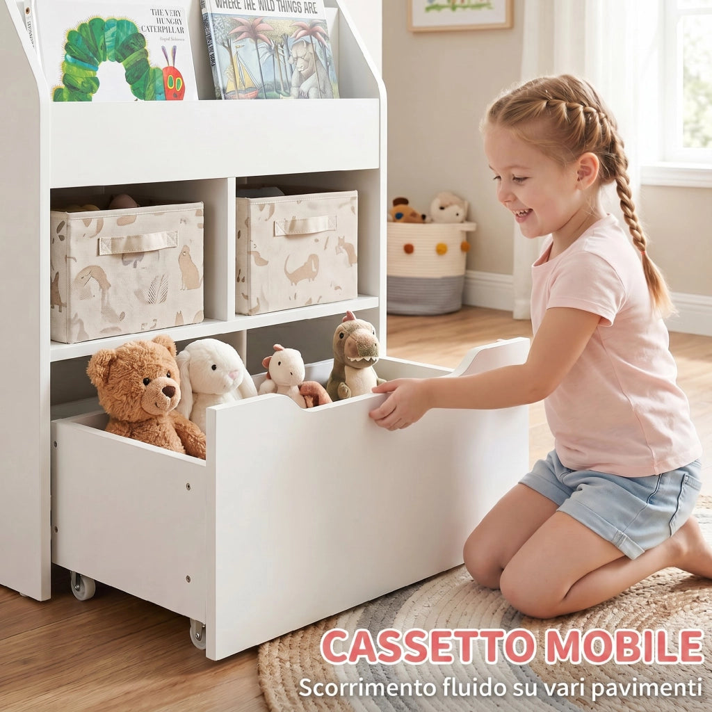 Piccola Libreria per Bambini con Ripiani e Cassetto in MDF. 60x29.9x90cm. Bianco