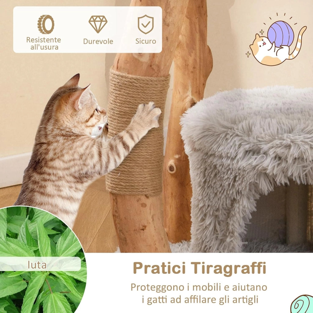 Albero per Gatti in Legno Alto 124 cm, Albero Tiragraffi per Gatti in Legno Massello con Pali di Corda di Juta, Torre Moderno per Animali Domestici Interni a 5 Livelli (Grigio)
