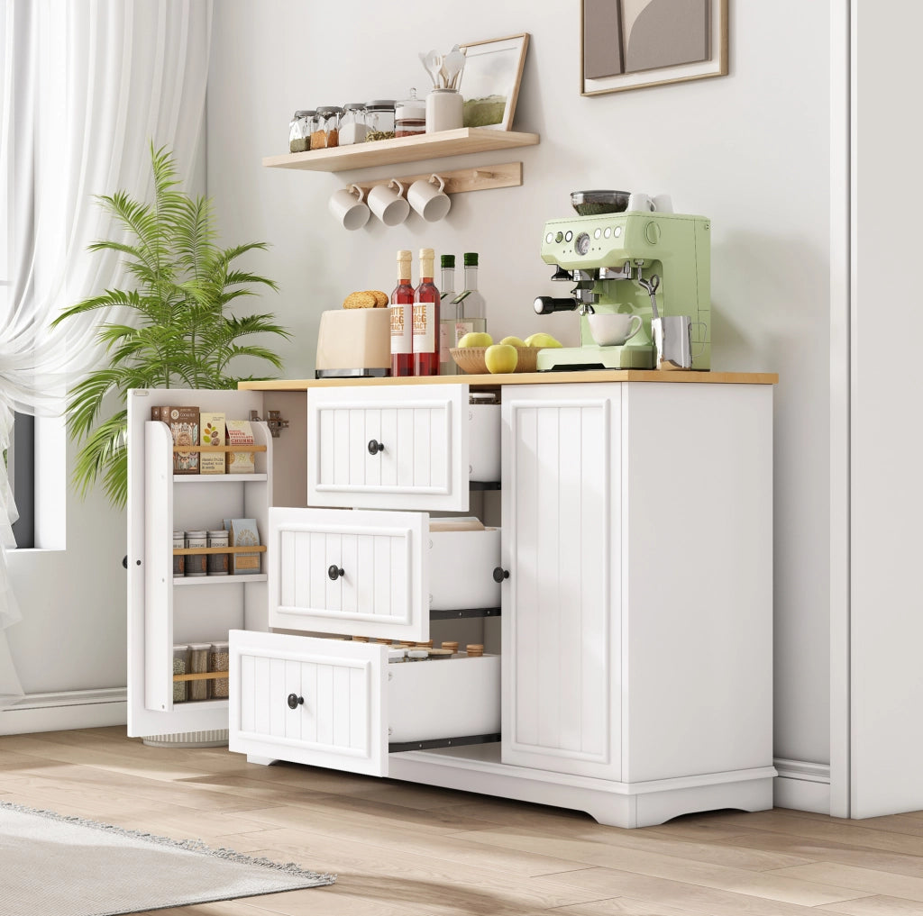 Credenza 126x40x86 cm con 3 cassetti e ripiani regolabili; MDF bianco