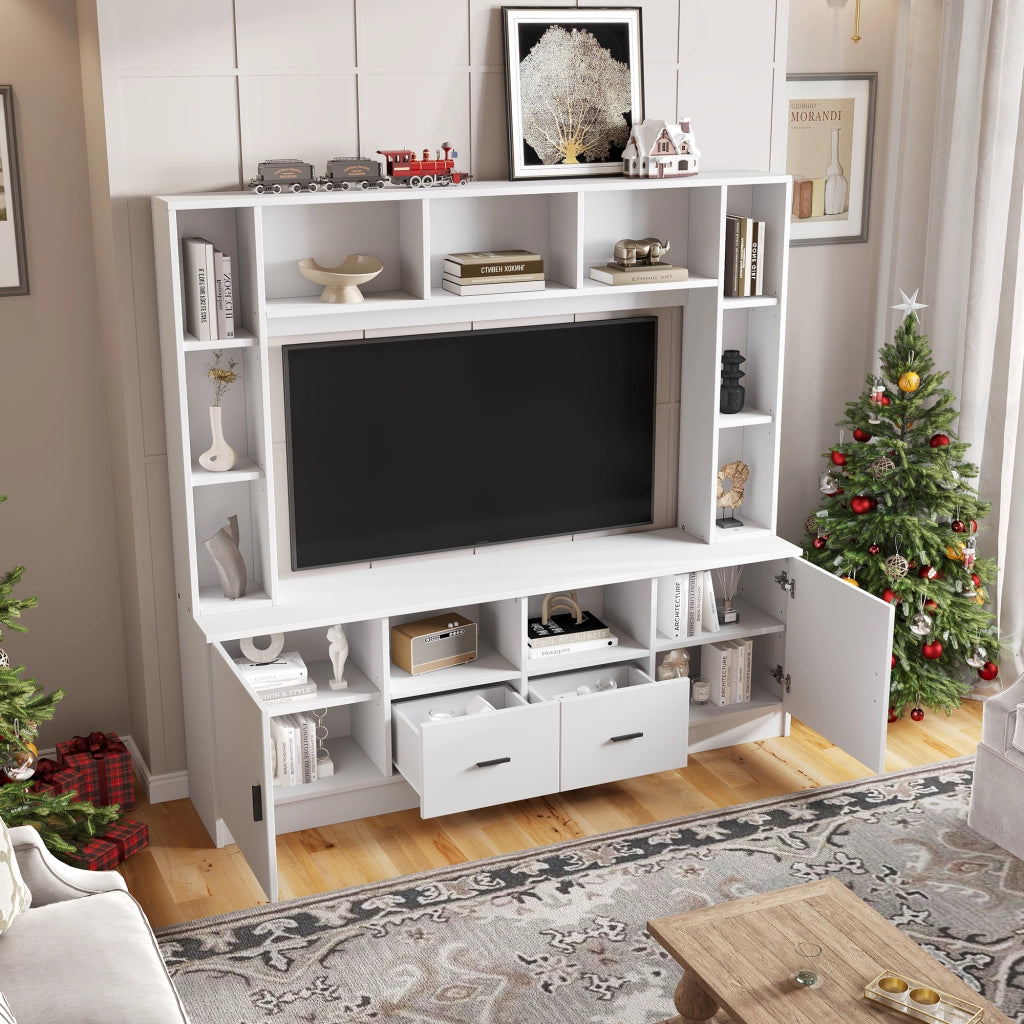 Mobile porta tv con 2 ante, 2 cassetti e 11 vani, per soggiorno, in pannello truciolare, bianco, 180 × 35 × 170 cm