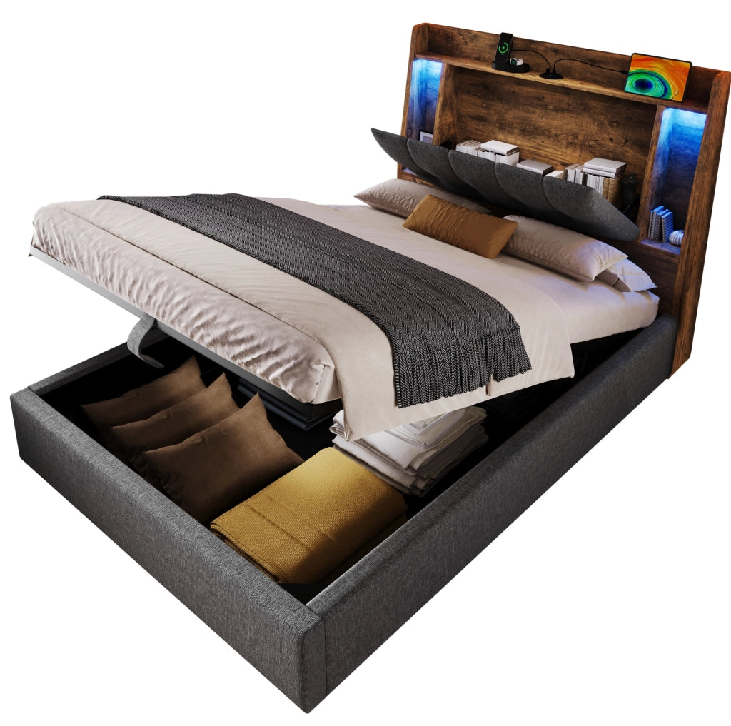 Letto imbottito 90x200 cm con contenitore; USB e Tipo C; LED; lino grigio
