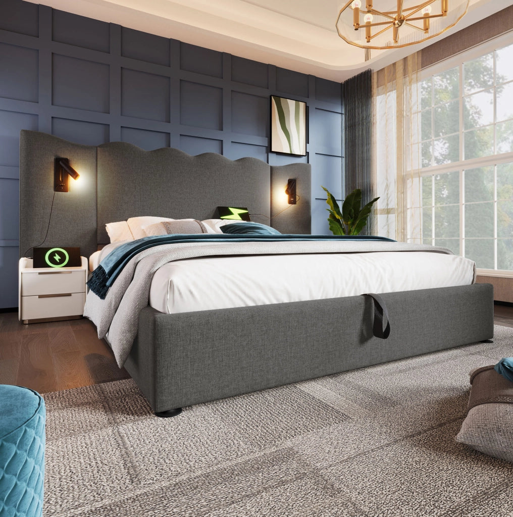 Letto matrimoniale 180x200 cm con contenitore; lampada da lettura e ricarica USB Type-C; grigio in lino