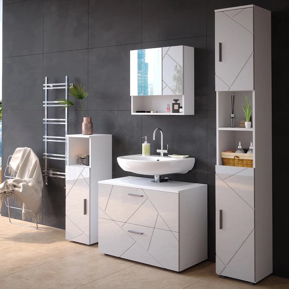 Vicco Set mobili bagno Bianco lucido 4 parti, con cassettiera e colonna