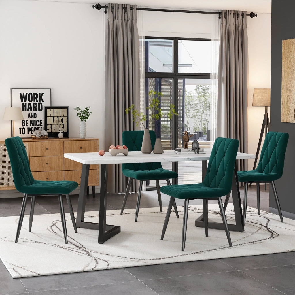 Tavolo da pranzo con 4 sedie in velluto e gambe nere, set moderno per cucina e sala da pranzo, in MDF, verde