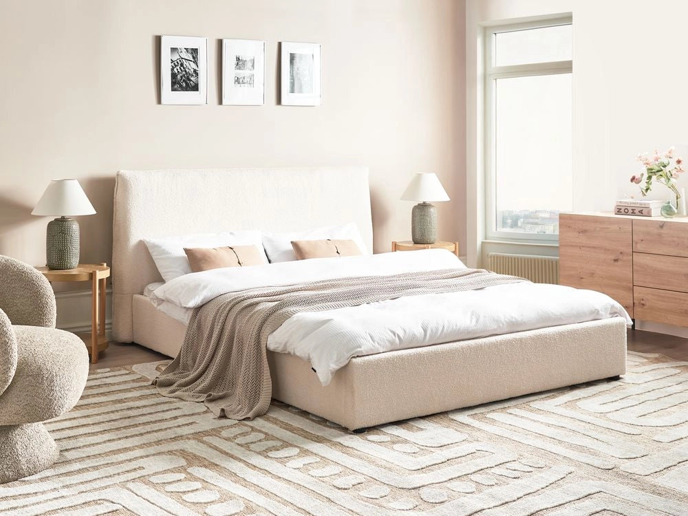 Letto matrimoniale in tessuto bouclé bianco sporco testata 160 x 200 cm Doghe in legno