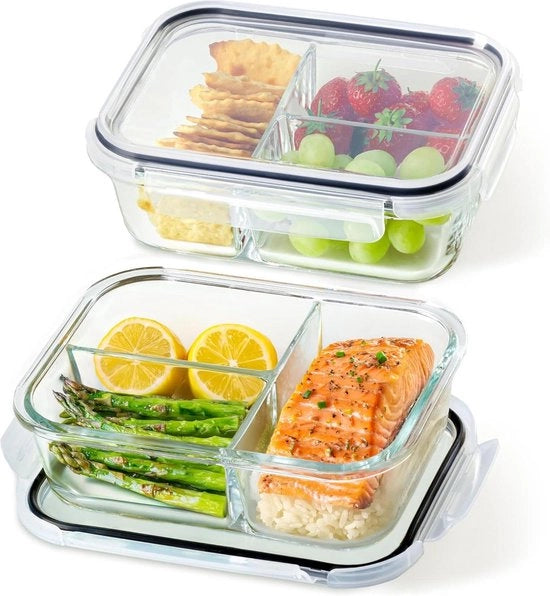 Contenitori per la preparazione di pasti a 3 compartimenti - Set da 2 - 1 Litro - Ercolino - Inerte ai BPA - Adatto al congelatore e al forno a microonde