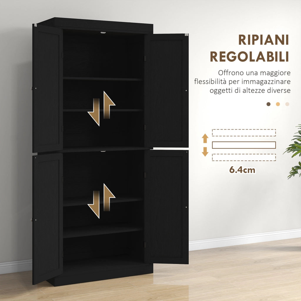 Mobile Cucina Alto con 6 Ripiani Regolabili e 4 Ante in Legno, 76x40.5x184 cm, Nero