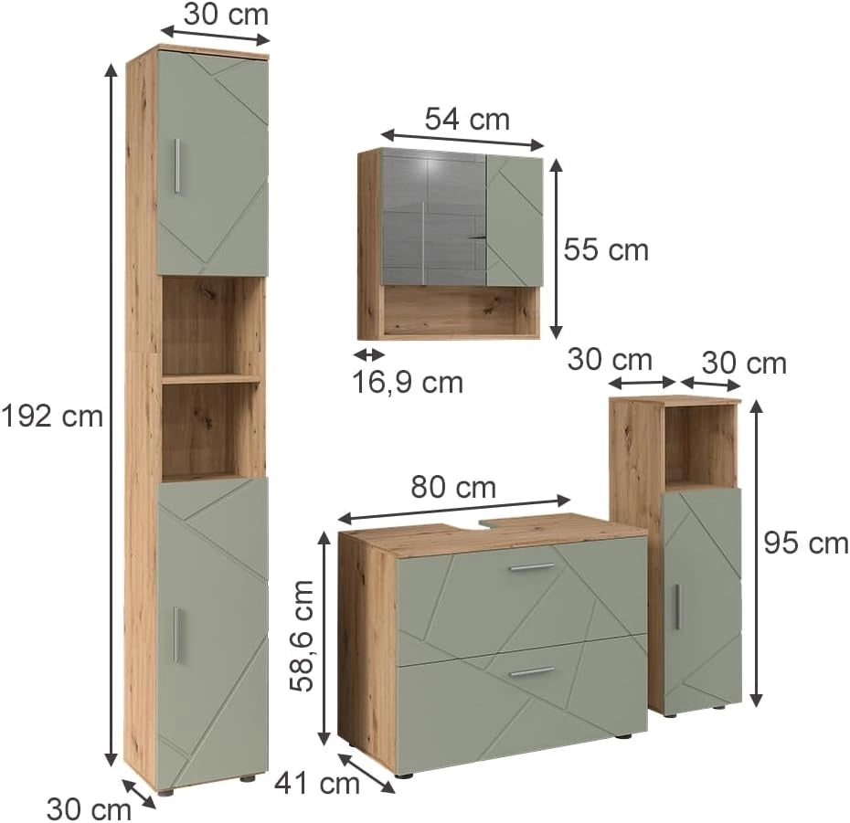 Set di mobili da bagno Irma, Verde salvia, 80 cm, composto da mobile lavabo, pensile a specchio, colonna e base media