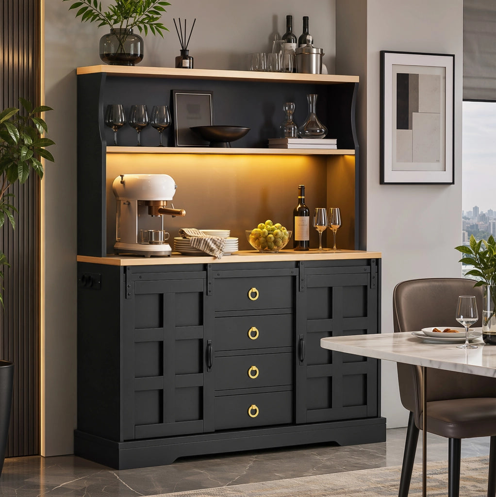 Mobile bar da cucina 120x40x150 cm con LED RGB; prese USB; 4 cassetti in MDF nero