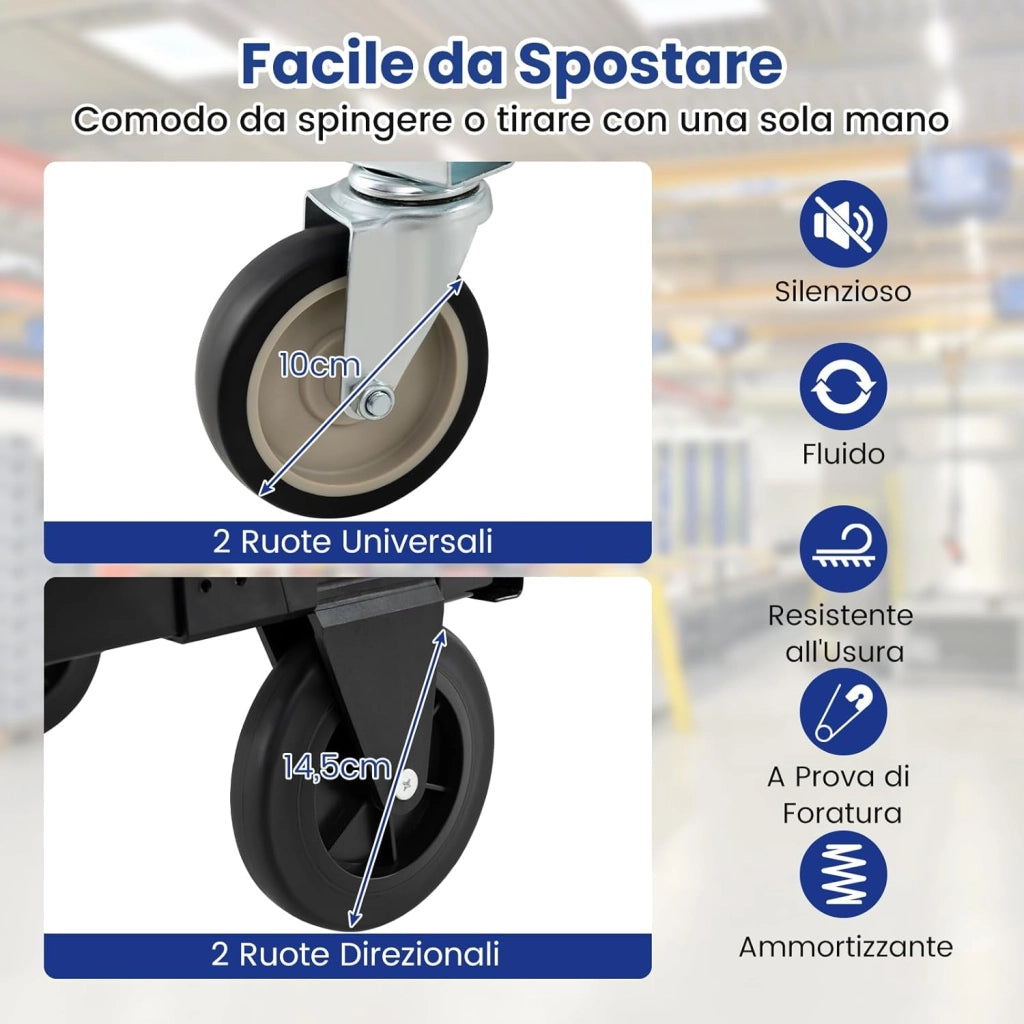 Carrello Pieghevole 3 in 1, Carrello a Mano e Piano Regolabile con Manico Retrattile e Lunghezza Regolabile, Capacità di Carico 272 kg, per Garage, Magazzino