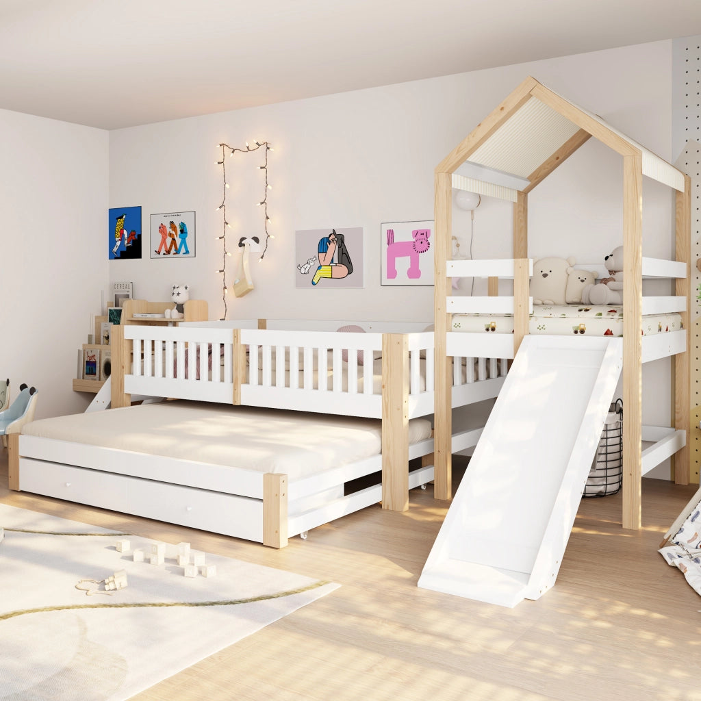 Letto per Bambini 90x200 cm e 90x190 cm - Scivolo; Scala laterale; Cassetti - Bianco e legno naturale