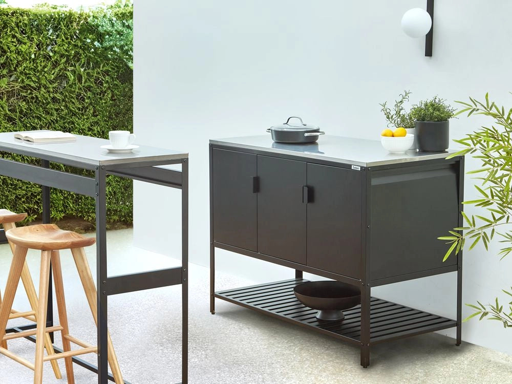 Armadietto da giardino in acciaio inox di colore nero con 3 ante giardino cucina esterno