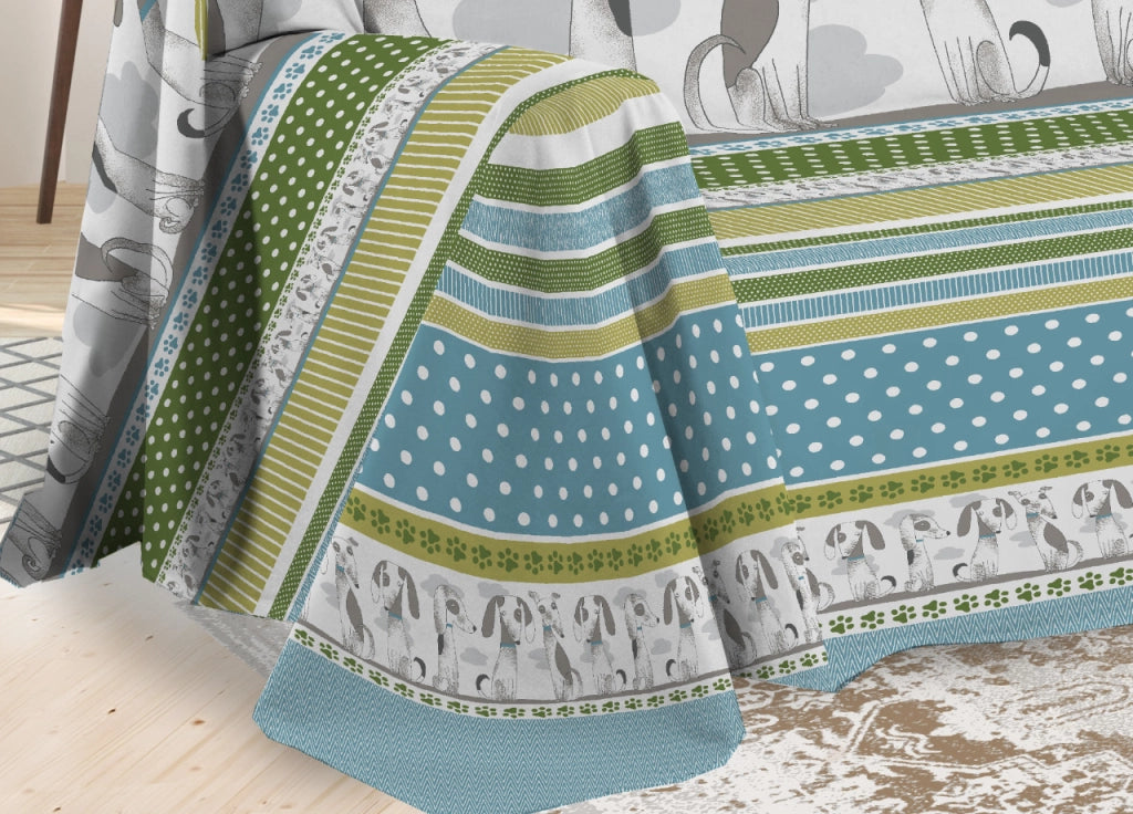 Telo Arredo Multiuso Linea Pensieri Delicati In Cotone Disegno Bau Bau - Matrimoniale - Verde