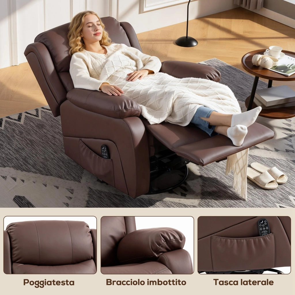 Poltrona Relax Reclinabile 87x97X100 cm con 8 Punti Massaggianti Riscaldanti e Poggiapiedi Marrone