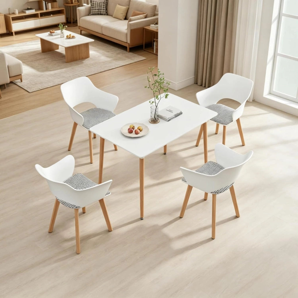 GrandCA HOME Set di Tavolo e Sedie da Pranzo in Stile Nordico, Tavolo da Pranzo Rettangolare Moderno, 4 Sedie da Cucina Imbottite, per Sala da Pranzo, Soggiorno, Cucina (Bianco + Nero)