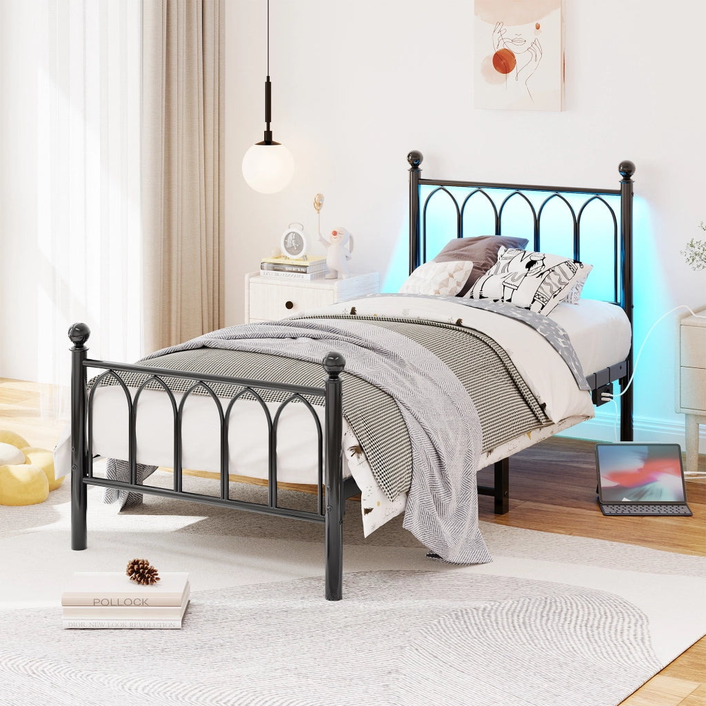Letto Singolo 90x200 cm; USB; LED Regolabile e Presa; in MDF e Metallo; Nero