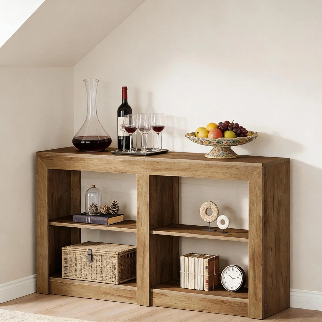 Consolle con 3 ripiani aperti e vano inferiore a 4 scomparti, per ingresso, in MDF, marrone, 150 × 35 × 85 cm