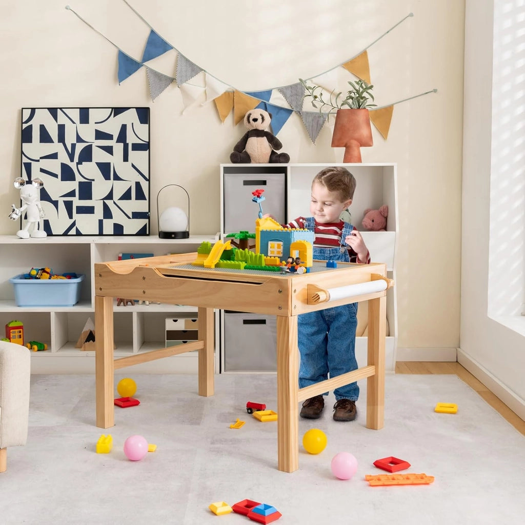 Tavolo da Gioco per Bambini in Legno con Piano Reversibile, Tavolo Multiattività Bambini 2 in 1, Porta Rotolo di Carta da Disegno, per Camera da Letto, Soggiorno (Naturale)