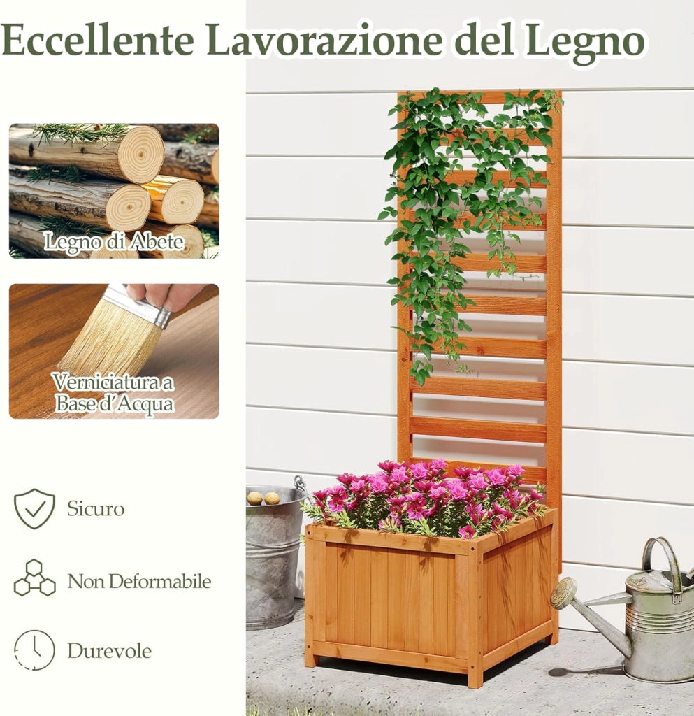 Letto da Giardino Rialzato in Legno con Traliccio, Fioriera Elevata con Fori di Drenaggio & Spazi per Piante Rampicanti, Viti, Fiori, Verdure, Fioriera per Interni ed Esterni (Arancione)