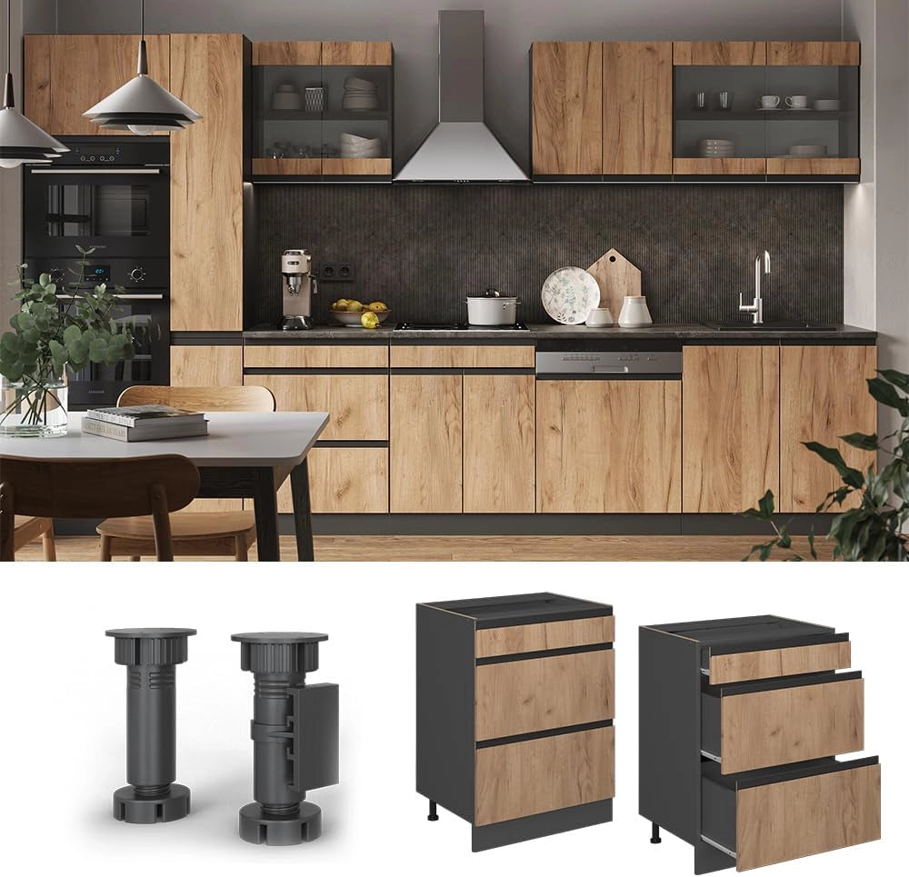 Mobiletto base per cucina R-Line, Quercia dorata, 60 cm Forma a J, con cassetti, senza piano di lavoro, per la libera combinazione all'interno di sistemi cucina modulari