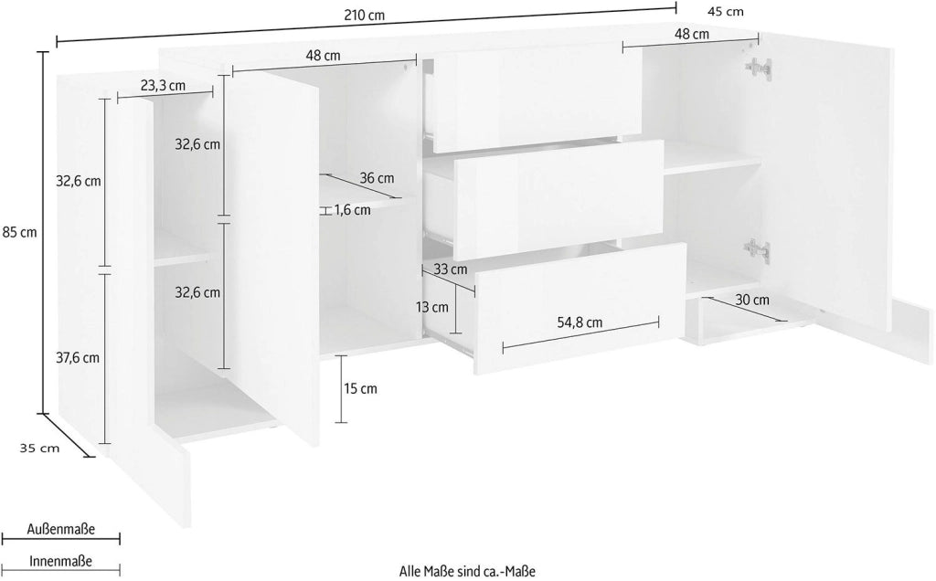 Credenza con 4 Ante e 3 Cassetti 210x45x85 cm Pillon Side 4A 3C Bianco Lucido