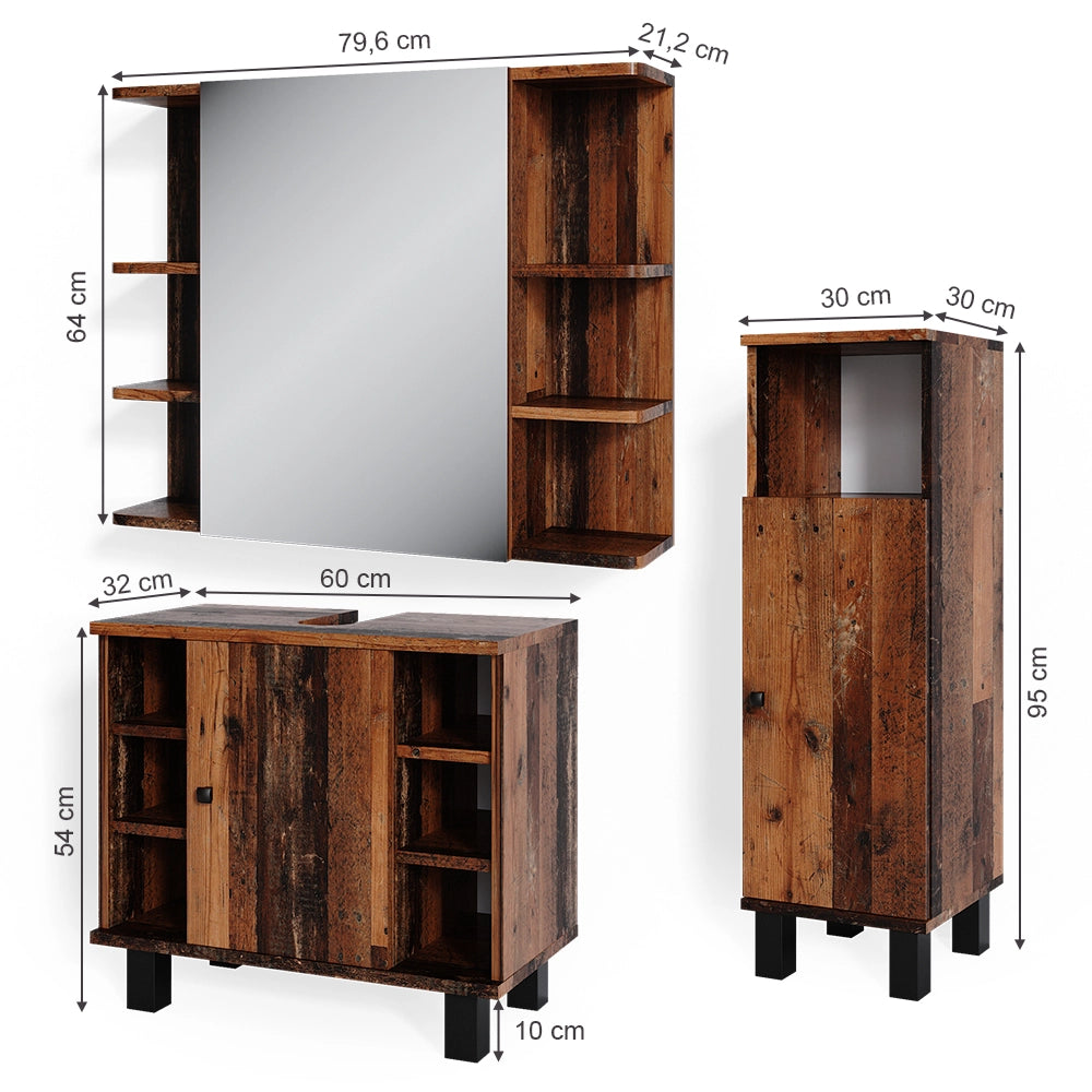 Vicco Set mobili bagno Rovere rustico 3 parti, con mobile midi