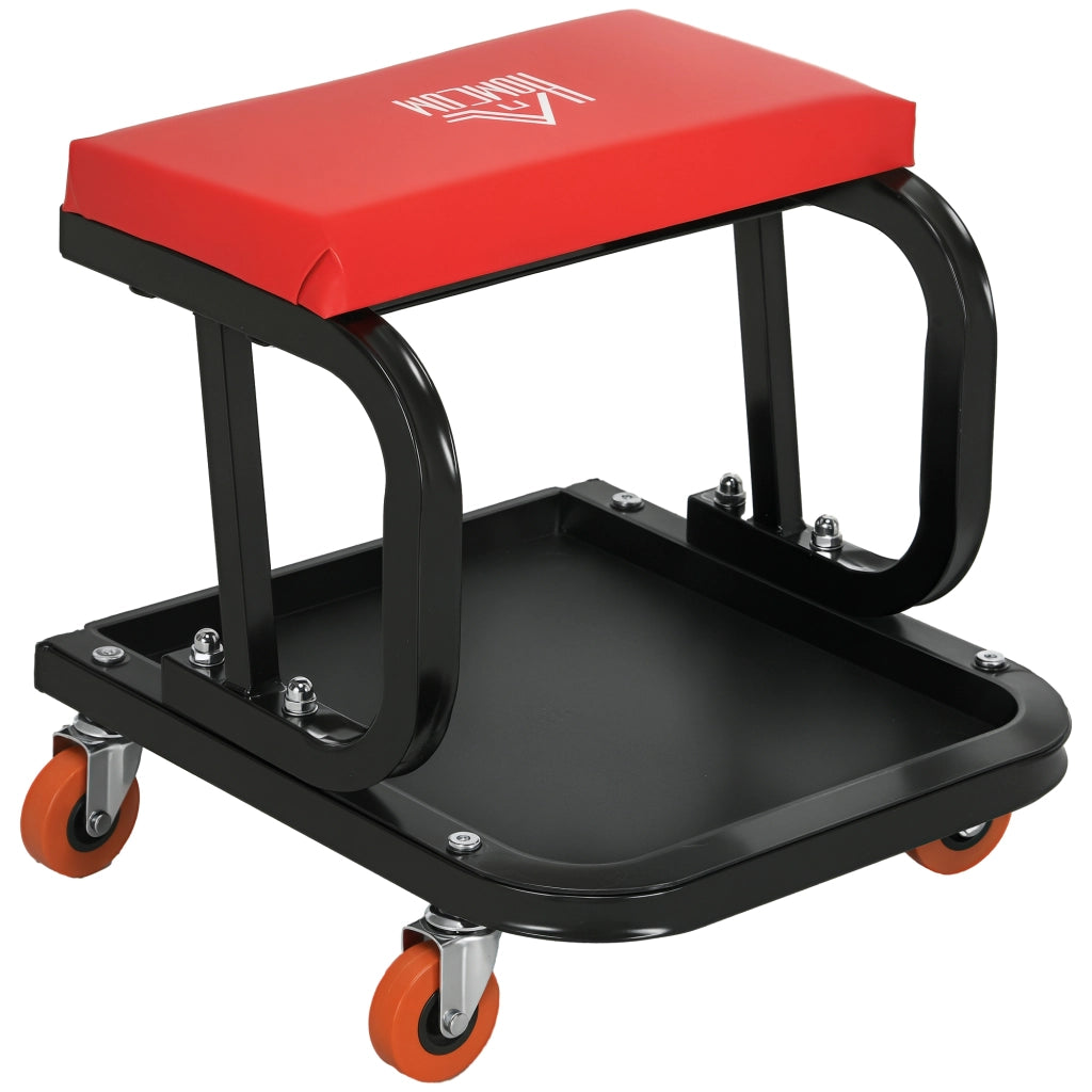 Sgabello da Officina Imbottito con Ruote e Vassoio Porta Attrezzi in Acciaio e PU, 38x35x37cm, Rosso