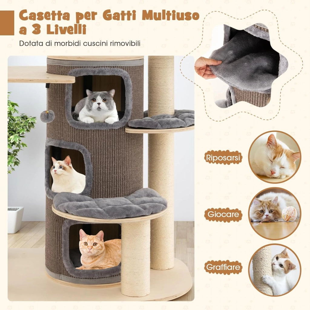 Albero Tiragraffi da 173 cm per Gatti, Torre per Gatti in Legno con Nicchia a 3 Piani, 2 Cucce Tiragraffi, Piattaforme, Amaca, Mobili Moderni per Gatti da Interno (Grigio)