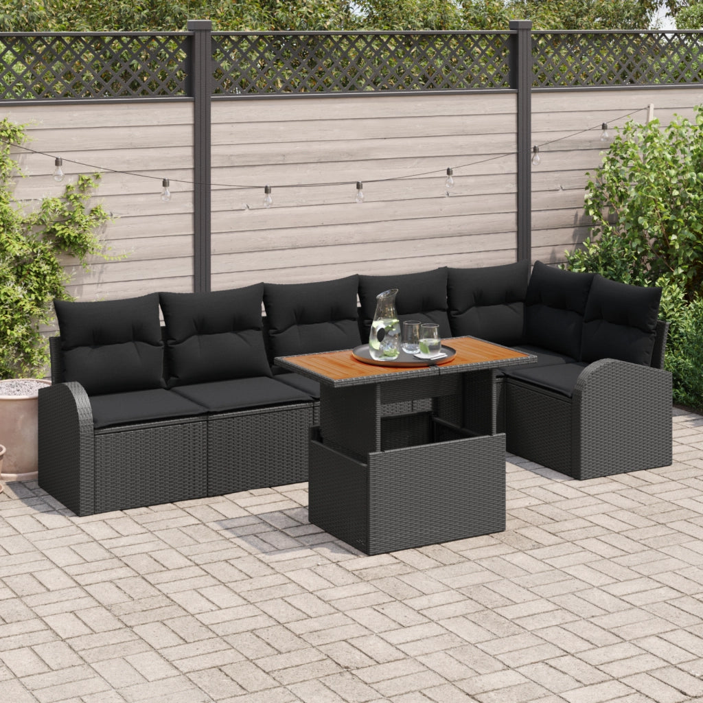 Set da Giardino da 7 Pezzi con Cuscini in Polyrattan Nero Acacia