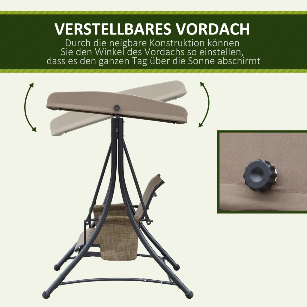 OKWISH Dondolo da Giardino 3 Posti con Tettuccio Regolabile e Tasche Laterali, Struttura in Metallo e Poliestere, Marrone, 196 x 128 x 172 cm