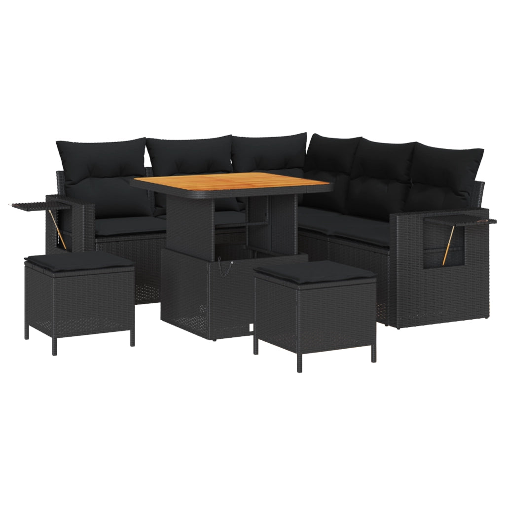 Set Divano da Giardino da 8 Pezzi con Cuscini Nero Polyrattan Acacia