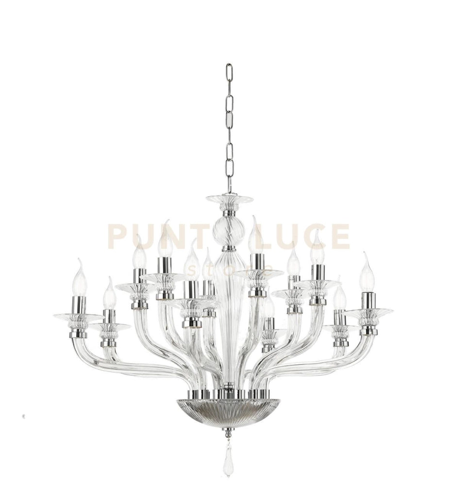 LAMPADARIO VILLA VETRO E METALLO 12 LUCI TRASPARENTE E CROMO ATTACCO E14 D.85CM