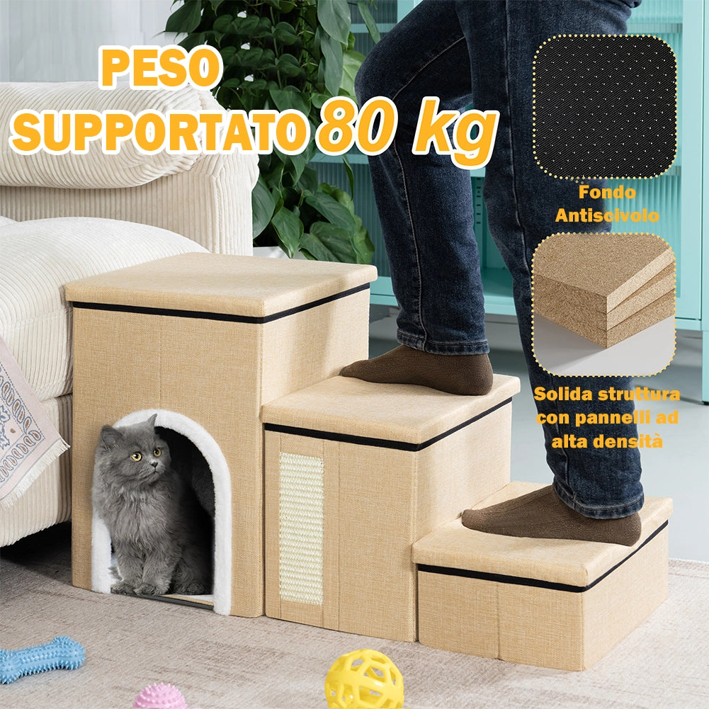 Scala per Animali 3in1 Multifunzione Scaletta Beige Pieghevole Vano Contenitore
