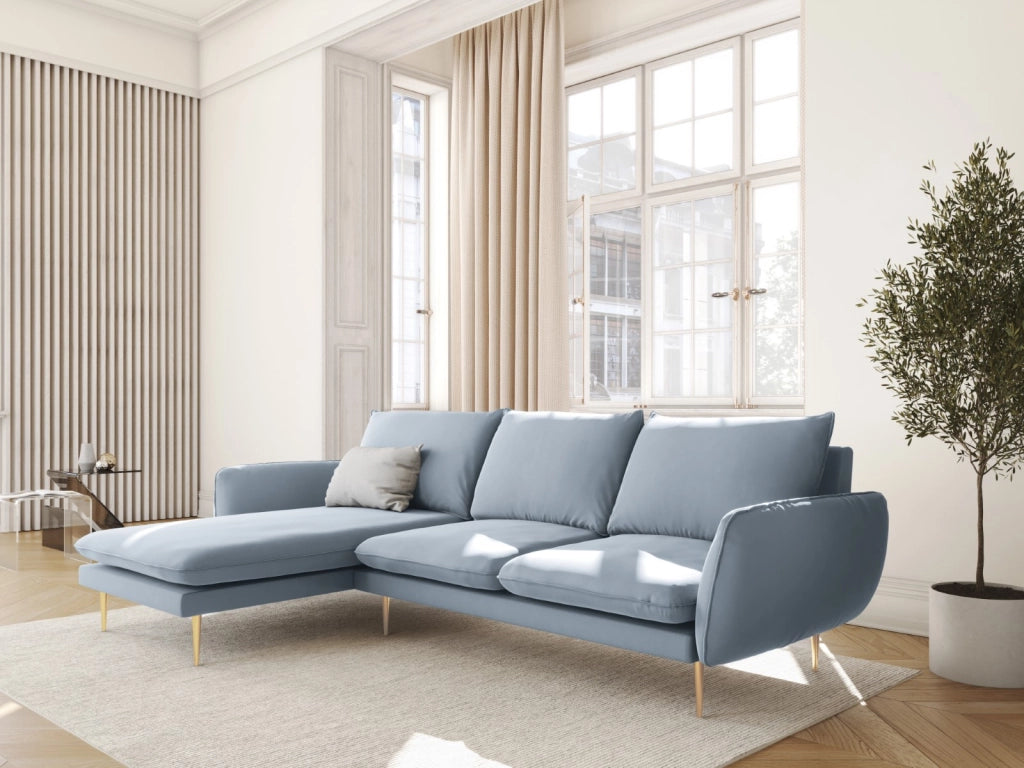 Cosmopolitan Design - Divano angolare sinistro "Vienna" 5 posti in velluto azzurro 