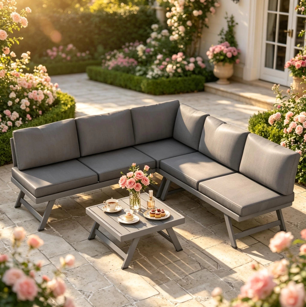 Set Divano Angolare da Giardino 5 Posti in Acciaio e Alluminio con Cuscini Grigi
