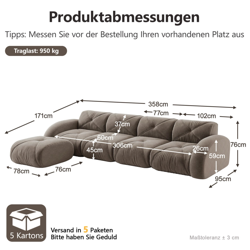 Divano modulare angolare in chenille taupe; 4 posti con pouf; senza montaggio