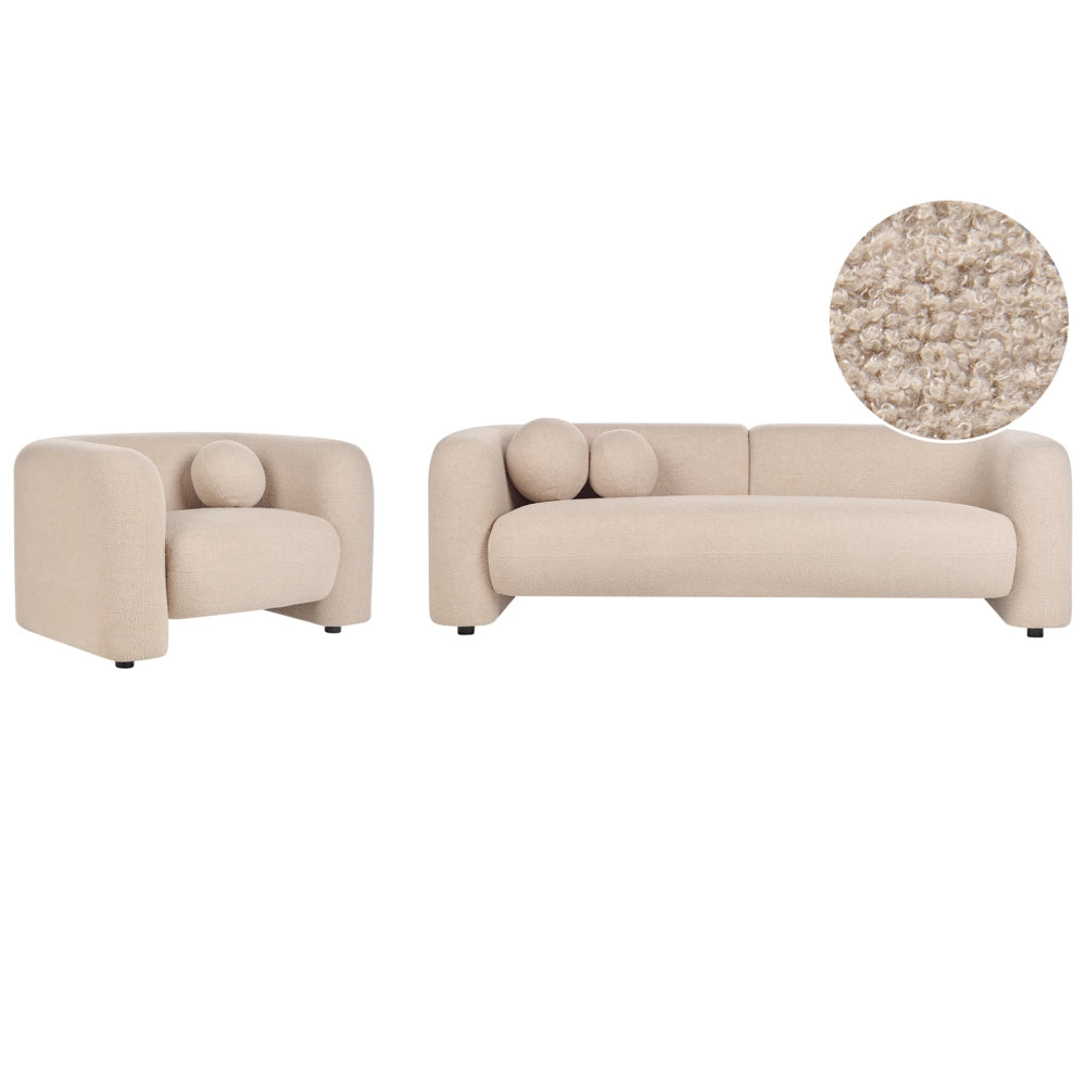 Set da salotto composto da divano e poltrona in bouclè beige 4 posti con cuscini aggiuntivi stile glamour retrò soggiorno
