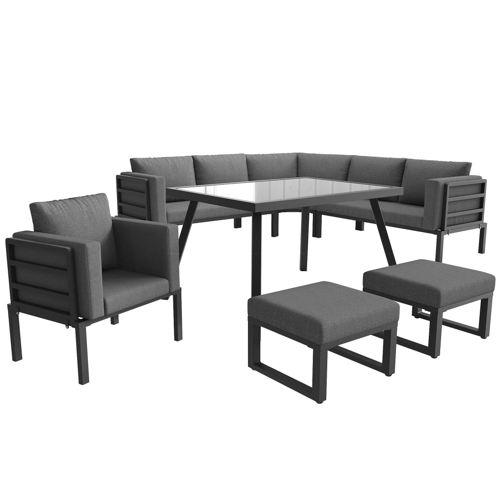 Set da giardino a mezzaluna per 8 persone - Zephmum - Struttura in ferro robusta, cuscini grigi, tavolo in vetro, 1 poltrona e 2 sgabelli