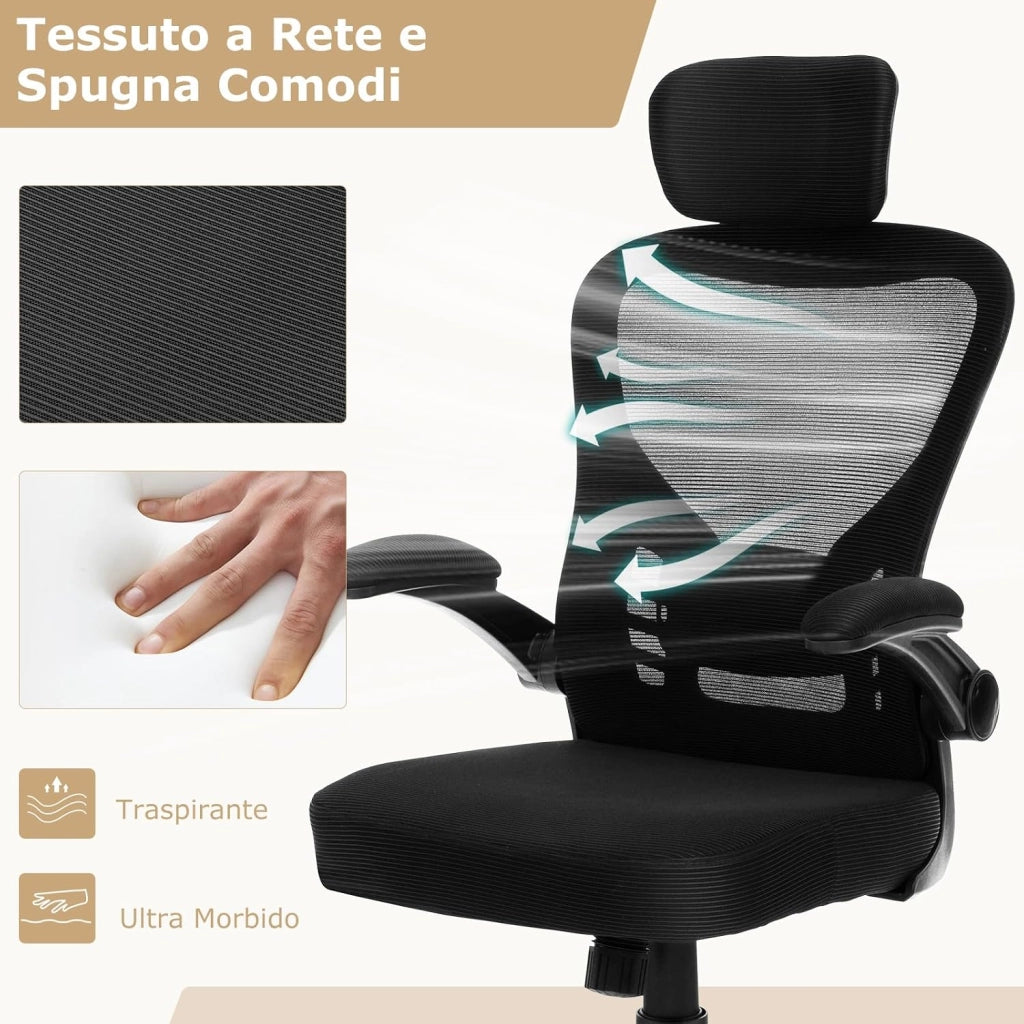 Sedia da Ufficio Ergonomica in Rete, Sedia Direzionale con Altezza Regolabile, Braccioli Ribaltabili, Poggiatesta e Supporto Lombare Regolabili, Sedia Girevole per Studio Casa, Portata 135 kg