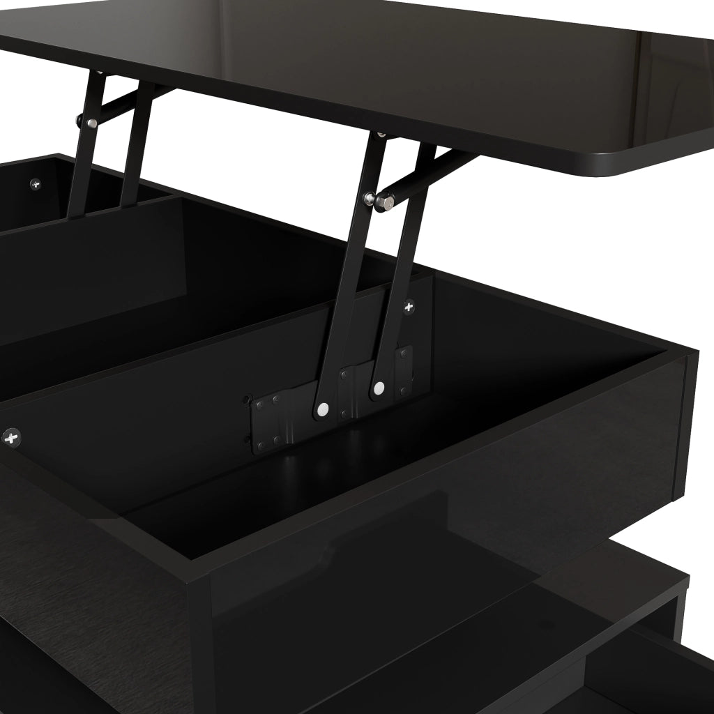 Tavolino basso sollevabile con cassetti vani aperti presa integrata e LED finitura lucida in MDF nero 90 × 48 × 42,5 cm
