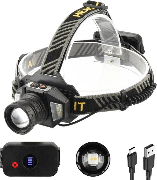 Lampada da testa, ricaricabile via USB, lampada da testa a LED, lampada da testa extra luminosa, torcia, illuminazione, campeggio, attività all'aperto, pesca, lampada da testa illuminante, stile 1