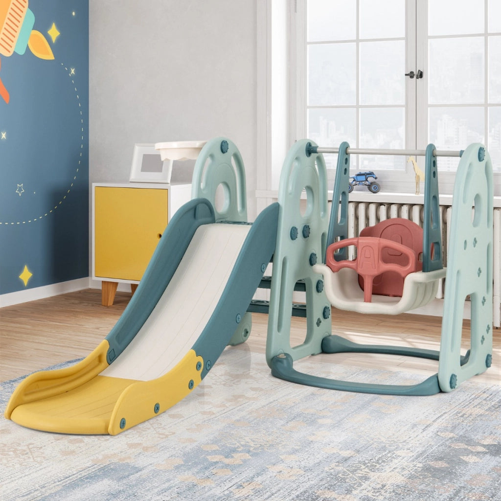 Set di scivolo 4-in-1 per bambini 18 mesi+, Set di gioco con altalena canestro da basket e arrampicata Verde-Arrampicate e scivoli