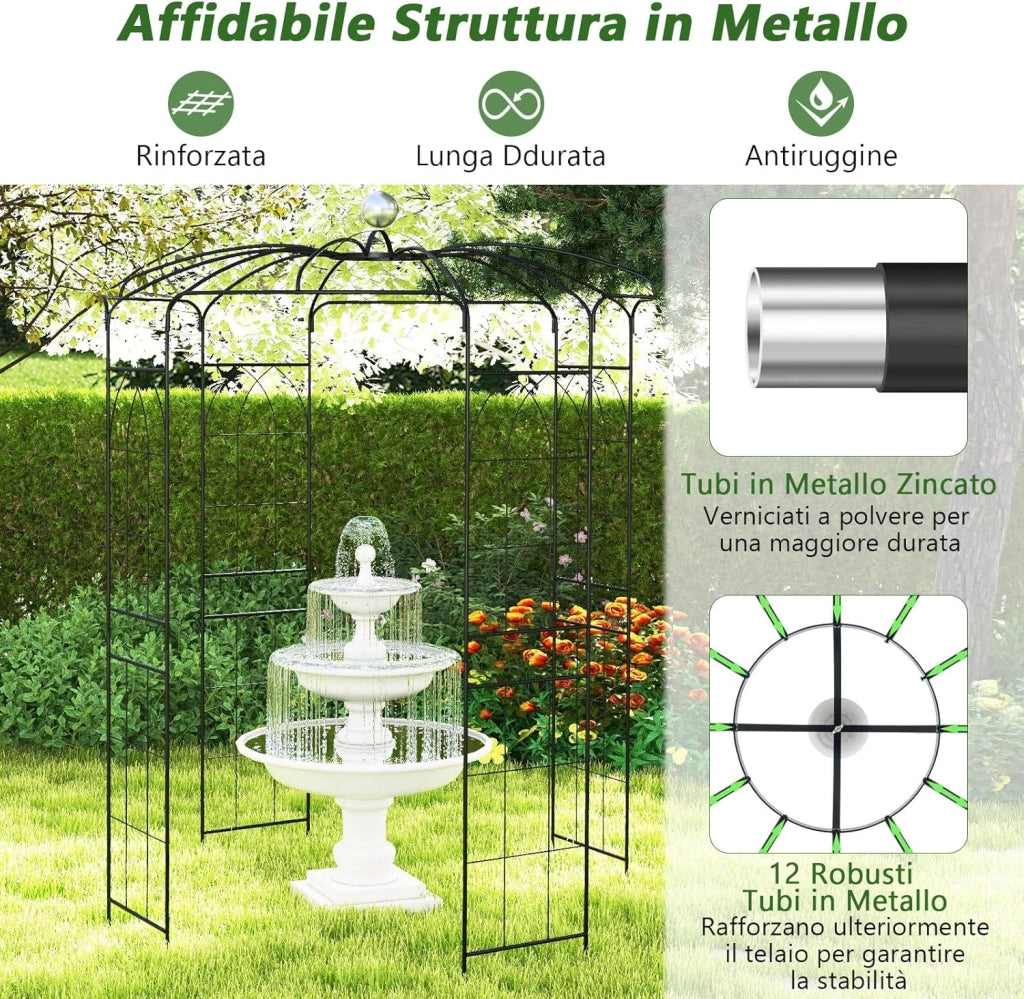 Traliccio ad Arco in Metallo Zincato per Piante Rampicanti, Gazebo a Forma di Gabbia per Uccelli con Gancio e Paletti, Pergola da Giardino per Cerimonie, 198 x 284 cm, Nero
