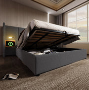Letto matrimoniale imbottito con contenitore, lampada da lettura e ricarica USB Type-C