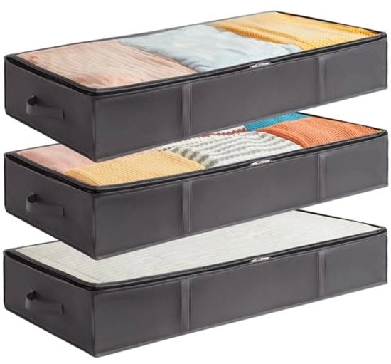 Contenitori di Stoccaggio Sotto il Letto - Grande Capacità - 3 Pack - Borse di Stoccaggio con Copertura - Maniglia Rafforzata - Organizzazione e Stoccaggio - Abbigliamento - Asciugamani - Accappatoi - Armadio da Camera - Grigio