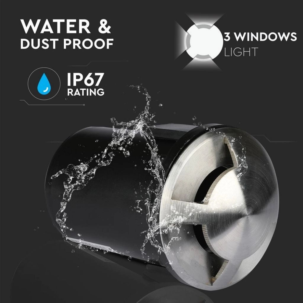 Portalampada da Interramento Calpestabile Rotondo MR16 (Max 20W) Colore Nero e Acciaio con 3 Fasci di Luce IP65