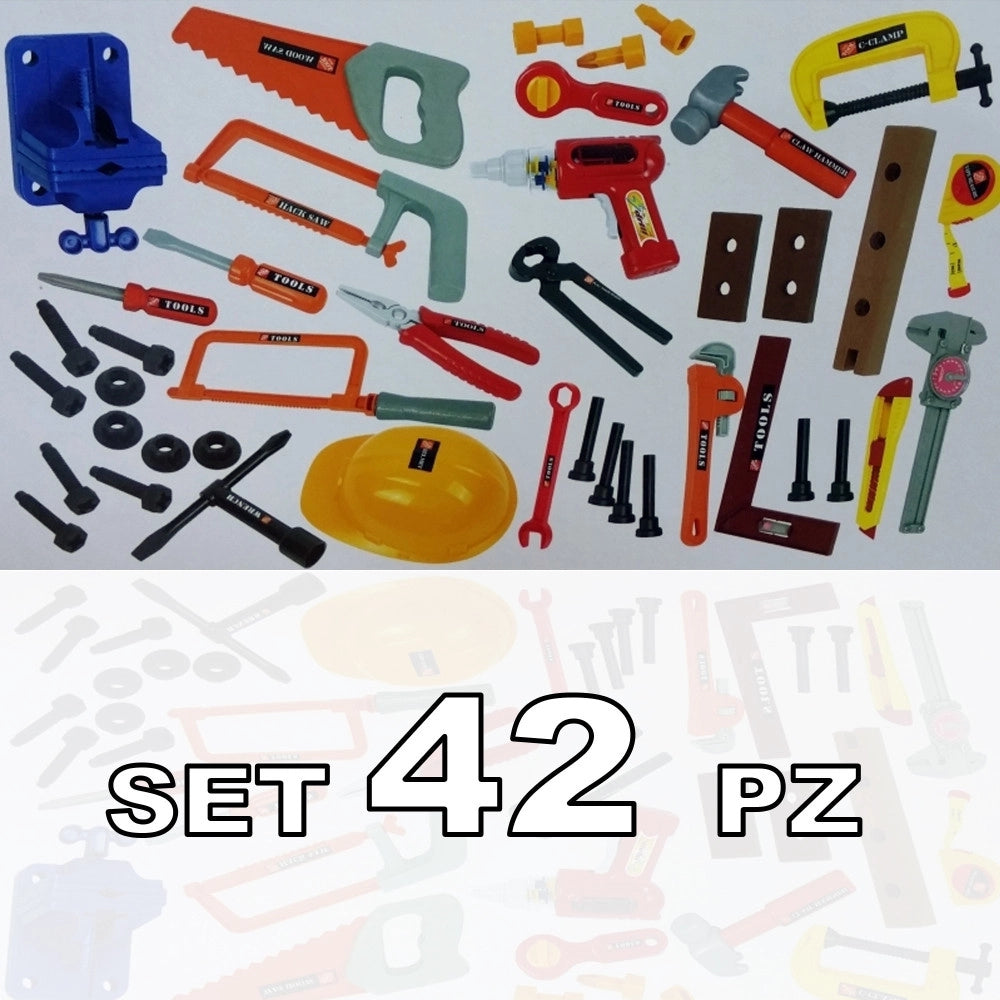 Trade Shop - Set 42 Pezzi Attrezzi Da Lavoro Elmetto Trapano Sega Gioco Giocattolo Eta' 3+ -